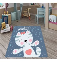 Kedi Desenli Dijital Baskı Yıkanabilir Kaymaz Taban Çocuk Odası Halısı (Mavi)