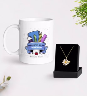 BK Gift Kişiye Özel Dünyanın En İyi Öğretmeni Beyaz Kupa ve Papatya Kolye Hediye Seti-23 (Model 1)