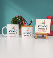 İngilizce Öğretmeni Hediye Kupa Bardak Kalemlik ve Dekoratif Taş Baskı Hediye Seti