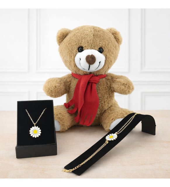 Pelüş Ayıcık Ve Papatya  Kolye Bileklik Set