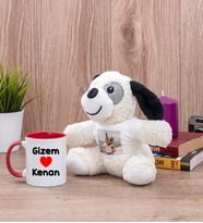 Sevgililere Özel İsim Yazılı Kırmızı Kupa Bardak ve Peluş Köpek