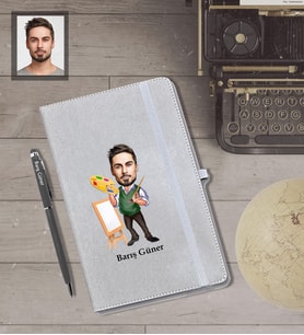 Kişiye Özel Ressam Karikatürlü Gri Defter Kalem Hediye Seti   Bay-1