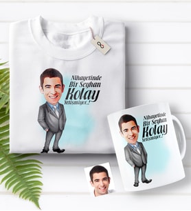 BK Gift Kişiye Özel Bay Kolay Yetişmiyor Karikatürlü Beyaz Tişört ve Kupa Seti-1 (Model 1)