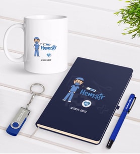 BK Gift Kişiye Özel Hemşir Temalı Lacivert Defter Kalem Kupa 32gb USB Bellek Hediye Seti-1 (Model 1)