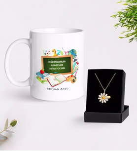 BK Gift Kişiye Özel Öğretmenler Günümüz Kutlu Olsun Beyaz Kupa ve Papatya Kolye Hediye Seti-7 (Model 1)