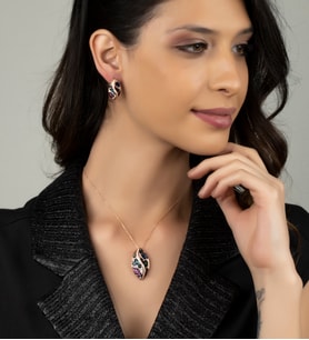 Gümüş Zirkon Taşlı Fantastik Abiye Tasarım Kolye Küpe Set (Rose)