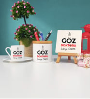 Göz Doktoru Türk Kahvesi Fincanı Kalemlik ve Dekoratif Taş Baskı Seti