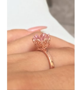 925 Ayar Pembe Kuvars Taşlı Lotus  Çiçeği Gümüş Yüzük
