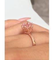 925 Ayar Pembe Kuvars Taşlı Lotus  Çiçeği Gümüş Yüzük