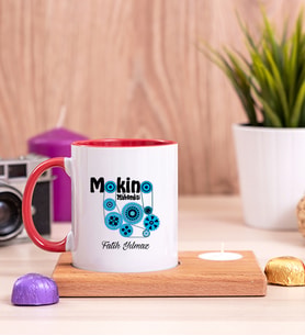 Makine Mühendisi Ahşap Altlıklı Mumlu Kırmızı Kupa Bardak