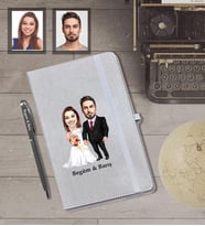 Kişiye Özel Gelin Damat Karikatürlü Gri Defter Kalem Hediye Seti   Mod-8