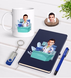 BK Gift Kişiye Özel Erkek Eczacı Karikatürlü Lacivert Defter Kalem Kupa 32gb USB Bellek Hediye Seti-4 (Model 1)