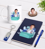 BK Gift Kişiye Özel Erkek Eczacı Karikatürlü Lacivert Defter Kalem Kupa 32gb USB Bellek Hediye Seti-4 (Model 1)