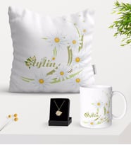 BK Gift Kişiye Özel Papatya Temalı Yastık Kupa Ve Papatya Kolye Hediye Seti-1 (Model 1)