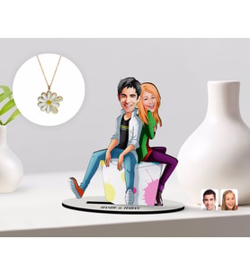 BK Gift Kişiye Özel Sevgililer Karikatürlü 3D Ahşap Biblo ve Çift İsimli Papatya Kolye Seti-35 (Model 1)