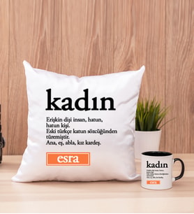Kadın Kelime Anlamı Kare Yastık ve Siyah Kupa Bardak