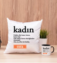 Kadın Kelime Anlamı Kare Yastık ve Siyah Kupa Bardak