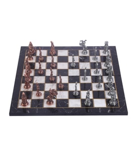 Büyük Boy Metal Osmanlı Bizans Satranç Takımı Antik ve Katlanır Mermer Desenli MDF Ahşap Satranç Tahta (43x43 cm.)