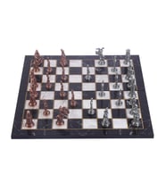 Büyük Boy Metal Osmanlı Bizans Satranç Takımı Antik ve Katlanır Mermer Desenli MDF Ahşap Satranç Tahta (43x43 cm.)