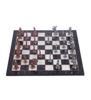 Büyük Boy Metal Osmanlı Bizans Satranç Takımı Antik ve Katlanır Mermer Desenli MDF Ahşap Satranç Tahta (43x43 cm.) (Çok Renkli)