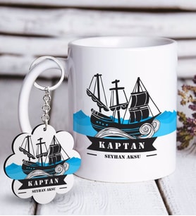 BK Gift Kişiye Özel Mesleki Kaptan Beyaz Kupa ve Anahtarlık Hediye Seti-8 (Model 1)