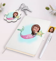 BK Gift Kişiye Özel Deniz Kızı Karikatürlü Beyaz Defter Kalem ve Anahtarlık Hediye Seti (Model 1)