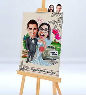 BK Gift Kişiye Özel Düğünümüze Hoş Geldiniz Şovaleli Karikatür Kanvas Tablo  3