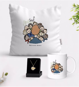 BK Gift Kişiye Özel Sınıf Öğretmeni Beyaz Kupa Yastık ve İsimli Papatya Kolye Hediye Seti-3 (Model 1)