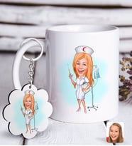 BK Gift Kişiye Özel Hemşire Karikatürlü Beyaz Kupa ve Anahtarlık Hediye Seti-2 (Model 1)