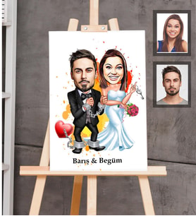 Kişiye Özel Gelin Damat Karikatürlü Ahşap Tablo 30x47  Mod-7