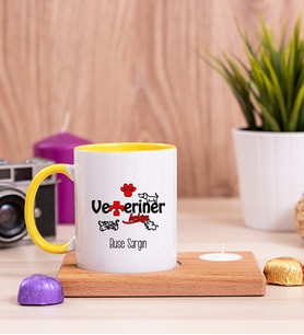 Veteriner Hekim Ahşap Altlıklı Mumlu Sarı Kupa Bardak
