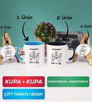 İkili Mavi Siyah Kişiye Özel Sevgililer Günü Hediyesi Kupa Bardak Anahtarlık Hediye Seti