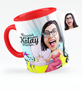 BK Gift Kişiye Özel Bayan Süslü Karikatürlü Kırmızı Kupa Bardak  1