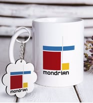 BK Gift Mondrian Tasarımlı Beyaz Kupa ve Anahtarlık Hediye Seti (Model 1)