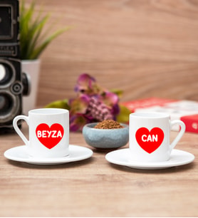 İsim Yazılı Kırmızı Kalpli İkili Türk Kahvesi Fincanı