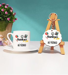 Bankacı Tasarımlı Kişiye Özel Hediye Bankacı Türk Kahvesi Fincanı ve Anahtarlık Seti