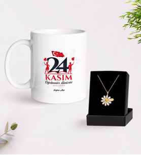 BK Gift Kişiye Özel Öğretmenler Gününüz Kutlu Olsun Beyaz Kupa ve Papatya Kolye Hediye Seti-2 (Model 1)