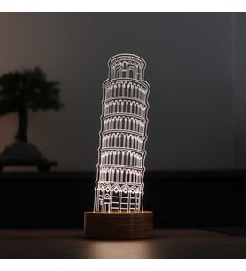 Pisa Kulesi Figürlü Dekoratif Hediye Led Masa Lambası 7 Işık Rengi Ahşap Taban (Sarı)