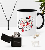 BK Gift Kişiye Özel En Yakışıklı Baba Siyah Kupa Benzinli Çakmak Kolye Seti (Model 1)