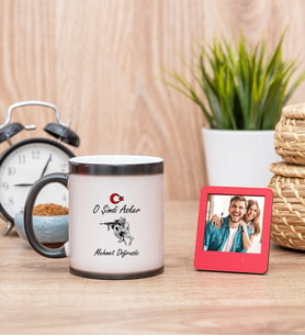 Askere Hediye Sihirli  Kupa Bardak ve Kırmızı Mini Çerçeve