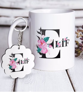BK Gift Kişiye Özel Harfli Beyaz Kupa ve Anahtarlık Hediye Seti-1 (Model 1)