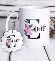 BK Gift Kişiye Özel Harfli Beyaz Kupa ve Anahtarlık Hediye Seti-1 (Model 1)