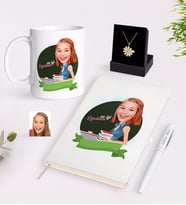BK Gift Kişiye Özel Bayan En İyi Öğretmen Karikatürlü Beyaz Kupa Defter Kalem ve İsimli Papatya Kolye Hediye Seti-1 (Model 1)