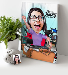 BK Gift Kişiye Özel Bayan Radyocu Karikatür Kanvas Tablo 30x50cm 1