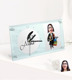 BK Gift Kişiye Özel Bayan Avukat Karikatürlü Masaüstü Cam Saat - 2 (Beyaz)