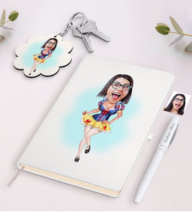 BK Gift Kişiye Özel Pamuk Prenses Karikatürlü Beyaz Defter Kalem ve Anahtarlık Hediye Seti (Model 1)