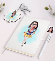 BK Gift Kişiye Özel Pamuk Prenses Karikatürlü Beyaz Defter Kalem ve Anahtarlık Hediye Seti (Model 1)