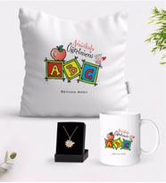 BK Gift Kişiye Özel Anaokulu Öğretmeni Beyaz Kupa Yastık ve İsimli Papatya Kolye Hediye Seti-1 (Model 1)