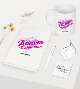 BK Gift Kişiye Özel Annem Bir Kahraman Beyaz Defter Kalem Kupa Ayna Seti (Model 1)