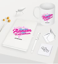 BK Gift Kişiye Özel Annem Bir Kahraman Beyaz Defter Kalem Kupa Ayna Seti (Model 1)